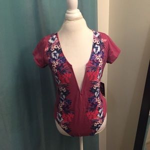 Express Deep V-Neck Floral Bodysuit in Raspberry with Blue & White Accents